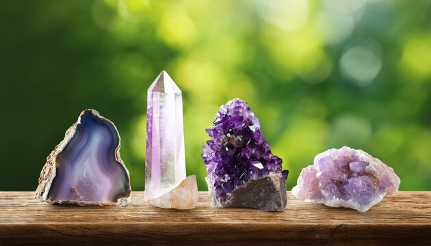 Different Raw Natural Crystal Geode Clusters Amethyst Celestite Quartz On Wood Table With Blurred Wild Green Nature On Background