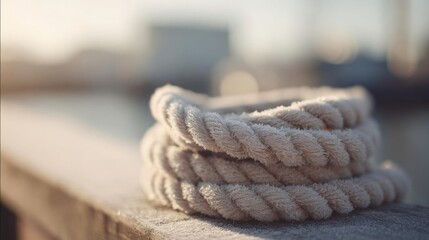 Fototapeta premium Close-up of a rope tied in a knot on a wooden surface. the rope appears to be made of a light-colored material, possibly cotton or a similar material, and is coiled neatly on top of each other.