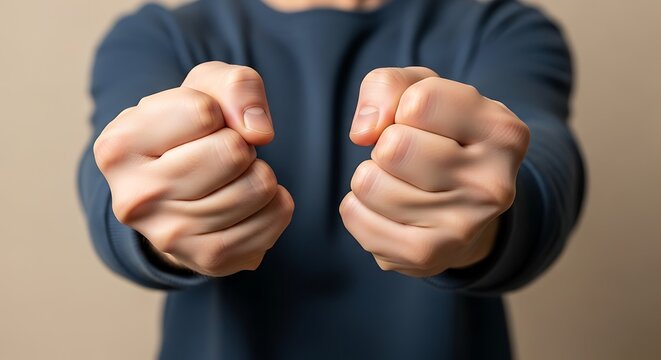 Person showing fists in frustration or anger with clenched hands and dark blue shirt