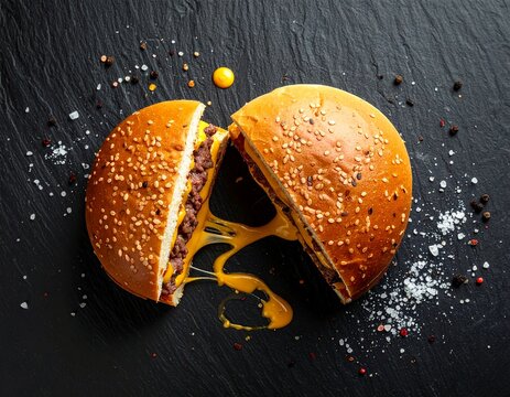 Gourmet Double Cheeseburger with Melted Cheese on Dark Slate Background, Top View Food Flat Lay
