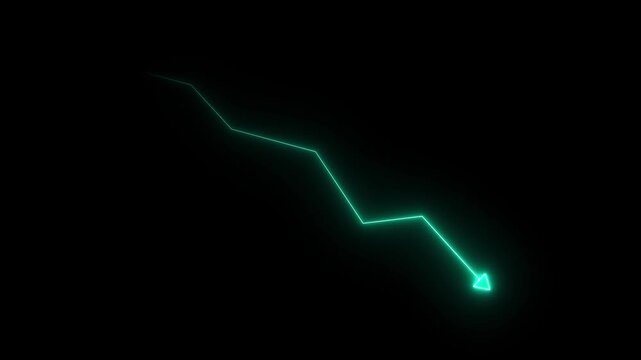 Glowing red neon downward graph with arrow indicating decline, loss, and negative trends on a dark, abstract background, perfect for conveying risk, crisis analytics visualization