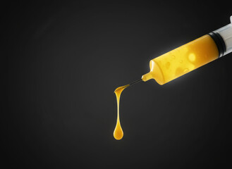 Conceptual 3d rendering of a syringe dripping thick yellow synthetic liquid on dark background, a powerful metaphor for medical biohacking, addiction temptation and food industry irony for designers