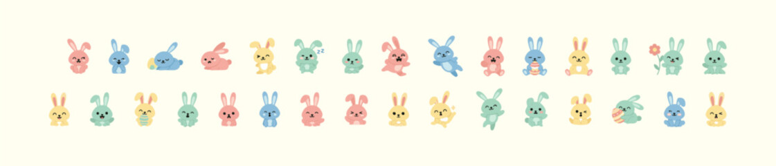 Obraz premium Cartoon bunny icons in pastel colors with varied poses, accessories, and facial expressions for playful Easter design.
