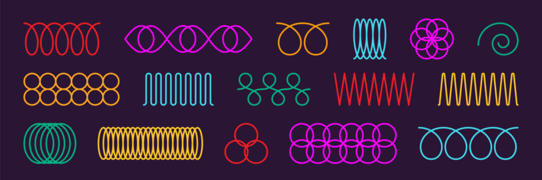 Neon spring coil shapes set. Curve line collection. Zigzag wave lines. Abstract flexible coil, loop line, thin spiral. Modern design element. Vector illustration isolated on dark background.