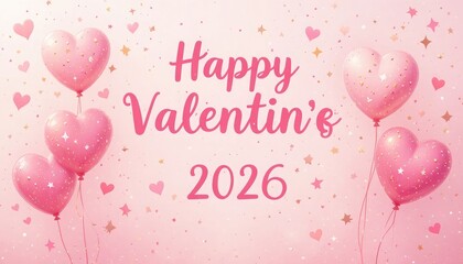 Pink heart balloons happy Valentines 2026 celebration