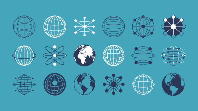 A collection of stylized globe and atomic structure icons are displayed against a solid teal background representing global networks high quality professional detailed modern elegant stylish