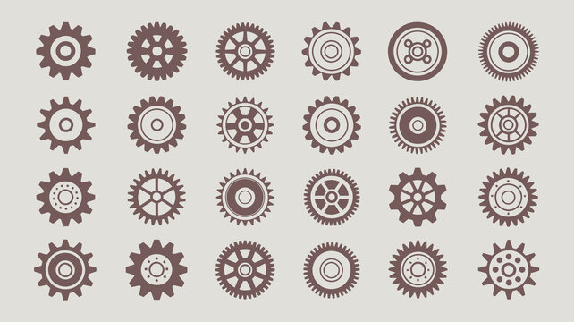 An assortment of various cogwheels and gears are displayed in differing shades of brown black and red against a light gray background high quality professional detailed