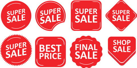 Red Vector Sale Labels Collection with Discount Promotion Messages Isolated on White