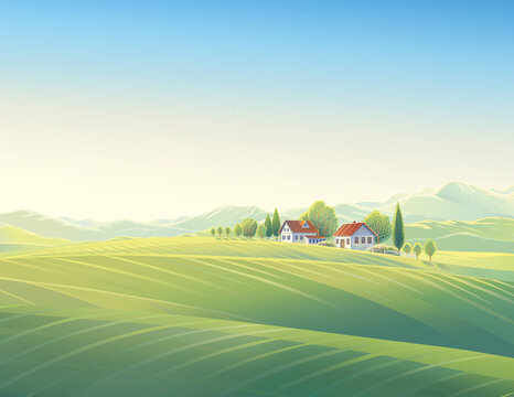 Rural summer landscape with village, mountain and hills. Raster illustration.