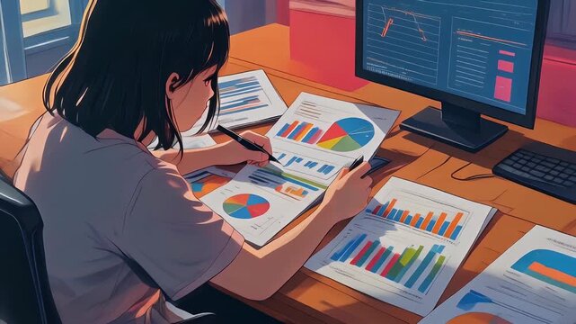 Anime-style illustration of a focused individual analyzing business reports with charts and graphs at a desk.