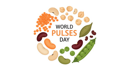 Vector illustration of World Pulses Day elements, including various pulses and a peanut, forming a circle with the USA or America icon in a colorful and informative graphic design. © Fasuga