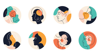 Fototapeta premium Set of eight circular minimalist line art portraits of women profile faces with abstract colorful shapes in the background.