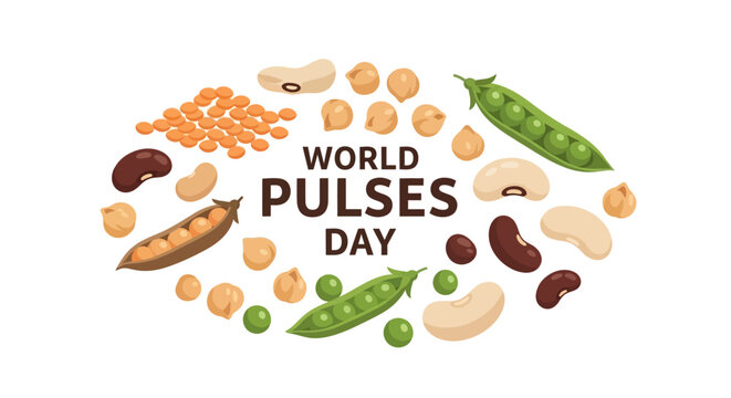 Vector illustration of various pulses and legumes arranged around the text 'World Pulses Day' on a clean white background.