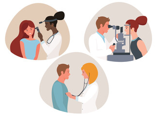 Fototapeta premium Doctor and patient. A set of illustrations on a medical theme. ENT doctor. Ophthalmologist. General practitioner.