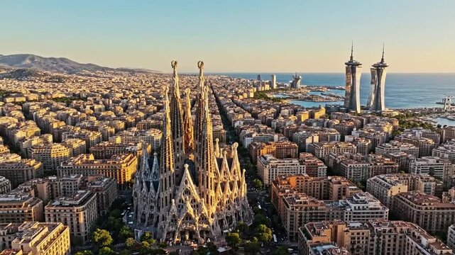 Aerial view of barcelona with sagrada familia and coastline