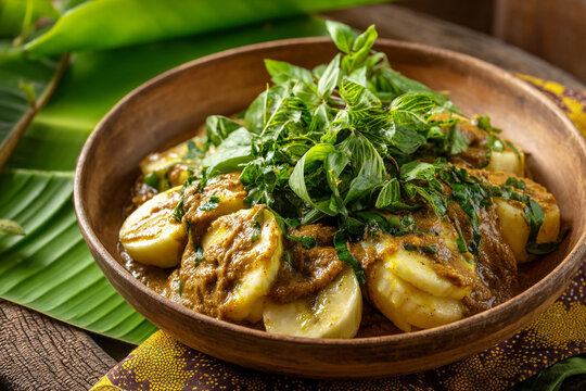 A close-up of freshly prepared "Matooke" (steamed green bananas), served with a rich groundnut sauce, showcasing authentic Ugandan staple food.