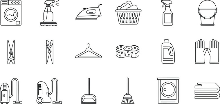 A simple line art set of household cleaning and laundry icons