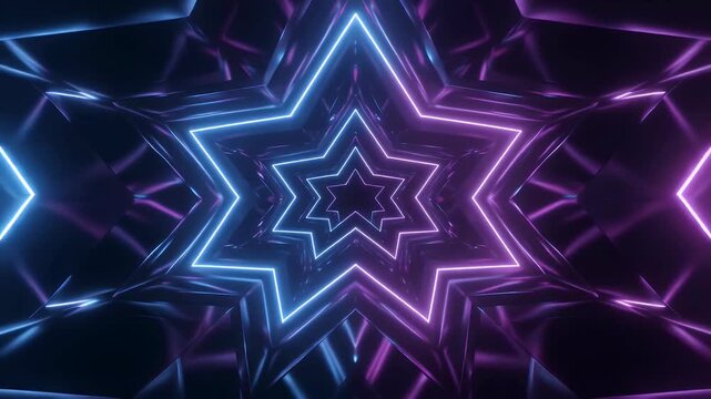 A mesmerizing tunnel of repeating neon star outlines glows with vibrant blue and magenta light.