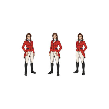Three women in red equestrian jackets and white breeches standing confidently.