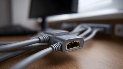 Grey Ethernet cables are neatly connected to a wall port showcasing networking technology on a wooden desk surface