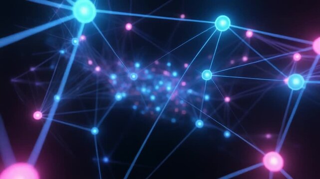 Glowing network connections spreading across a dark background with nodes and lines