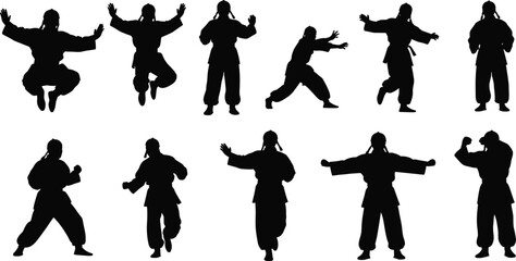 Fototapeta premium Collection of Martial Arts Silhouette Vector Illustration Set, Karate Fighter Character Poses for Sports Training Combat and Fitness Design Template