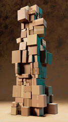Tall Tower of Stacked Cardboard Boxes Against a Rustic Background