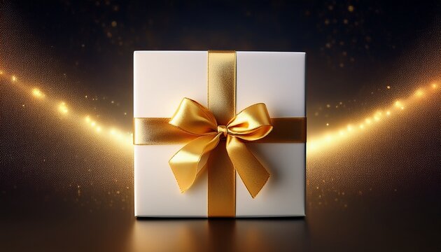 Caixa De Presente Branca Com Fita Dourada Com Fundo Infinito Iluminado