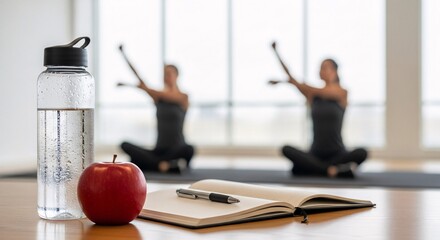 Woman practicing yoga with water bottle apple notebook and pen on wooden table with copy space