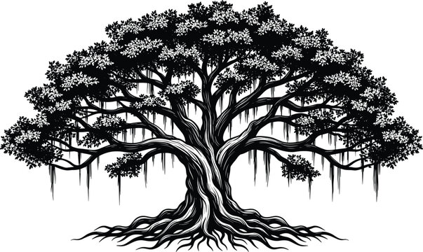 PrintDetailed black banyan tree silhouette with intricate roots and hanging moss isolated on white background for vintage nature logos and botanical vector illustrations