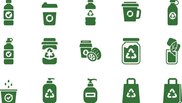Collection of eco-friendly product icons including bottles, containers, and shopping bags, symbolizing sustainability and recycling