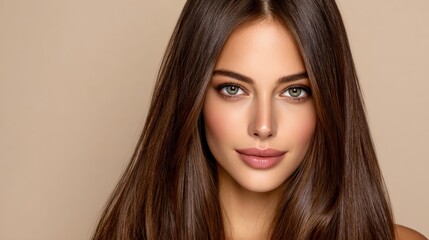 Fototapeta premium Woman with long hair and clear skin poses against a neutral background