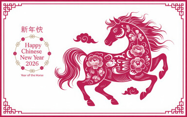 Fototapeta premium Happy chinese new year 2026 the horse zodiac sign with flower,lantern,asian elements red paper cut style on color background. ( Translation : happy new year 2026 year of the horse ) 