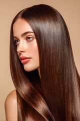 Naklejka premium Model with long straight hair in studio setting