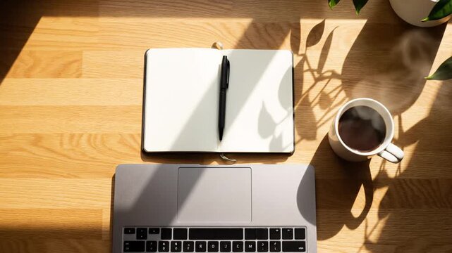 Sunlit Wooden Desk With Laptop Notebook And Coffee.