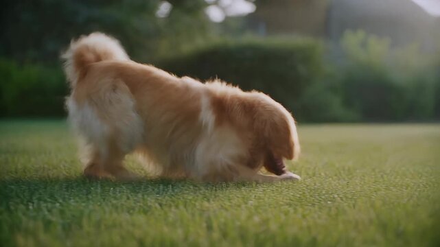 A happy golden retriever runs joyfully across a lush green lawn outdoors.