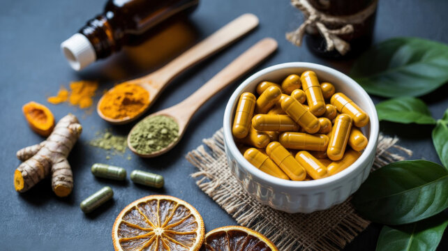 Herbal supplements and natural remedies with spices and dried fruits on dark surface