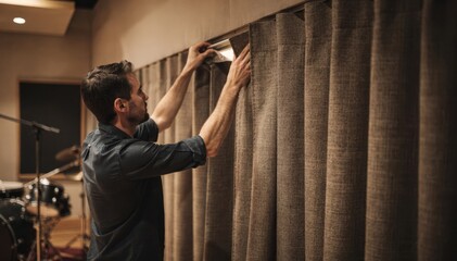 Focused medium shot of mounting thick curtains along rehearsal room walls curtain texture detailed while the rest of the space is softly blurred.