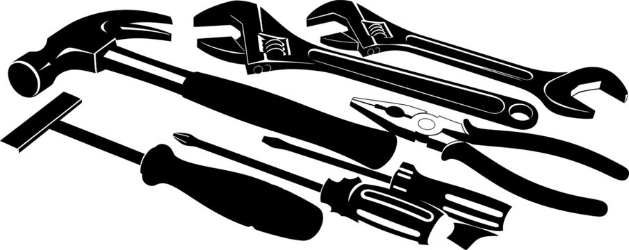 black silhouettes of various hand tools on white background