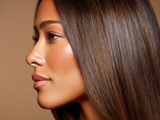 Fototapeta premium Profile of a person with long, straight hair and clear skin