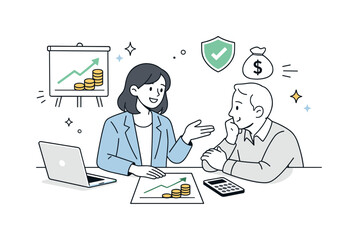 Confident Financial Guidance. Financial advisors helping clients with investments. A calm one-on-one meeting where an advisor reassures a client with clear