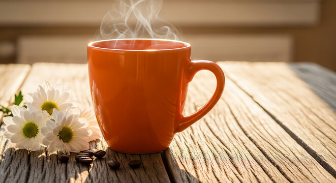 Orange mug with steam and white flower on a wooden surface, suggesting morning warmth and aromatic drink, perfect for relaxing moment and refreshment