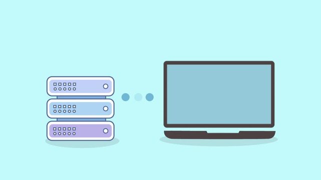 Flat minimal illustration of server racks sending data to a laptop with dotted connection, representing cloud computing, database access, and network communication on a clean blue background.
