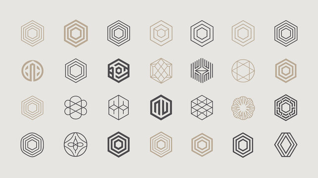 A collection of geometric designs featuring various hexagonal and circular patterns in neutral tones arranged in a grid layout high quality professional detailed modern elegant stylish