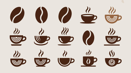 The image showcases a collection of brown coffee beans and steaming cups arranged in a grid pattern against a beige background high quality professional detailed modern