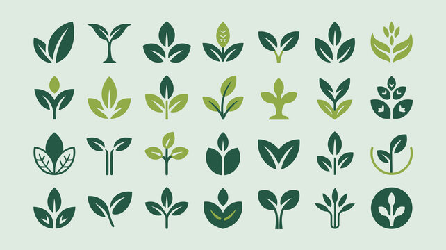 A collection of stylized green leaf designs arranged in a grid pattern against a pale green background high quality professional detailed modern elegant stylish clean crisp