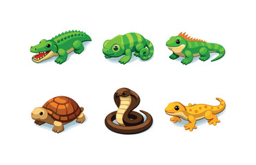 Naklejka premium Colorful Reptile Icons. Reptiles. Isometric flat vector icons set of reptiles: crocodile, chameleon, iguana, tortoise, cobra, gecko. Arrange all isometric