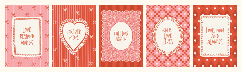 Naklejka premium Whimsical Valentine’s Day greeting card collection with hand-drawn ink sketch love doodles and romantic love slogan.