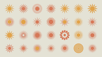 Obraz premium A collection of stylized sun illustrations in varying shades of orange and yellow are displayed against a pale neutral background high quality professional detailed modern elegant