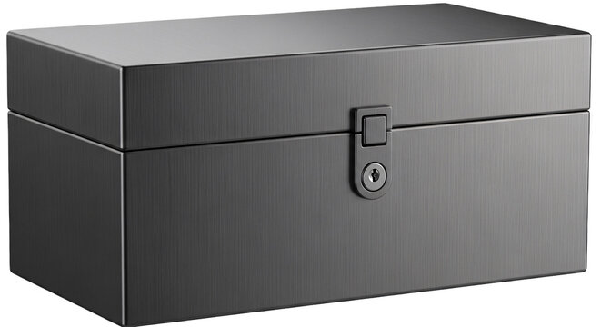 Black metal storage trunk with lock isolated on transparent background mockup